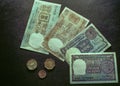 Vintage Unused One rupeeÃ¢â¬â¢Two rupi and five rupi Curnsi not with Assorted Coins Royalty Free Stock Photo